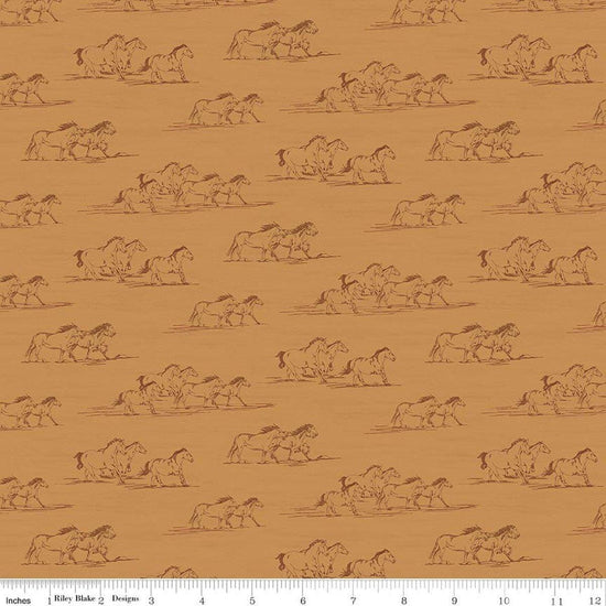 Image of The Homestead Horse Toile Ochre quilting cotton fabric by Tara Reed for Riley Blake Designs. Features horses on an orange background. Cute Little Fabric Shop.
