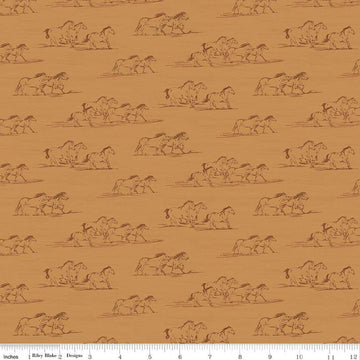Image of The Homestead Horse Toile Ochre quilting cotton fabric by Tara Reed for Riley Blake Designs. Features horses on an orange background. Cute Little Fabric Shop.