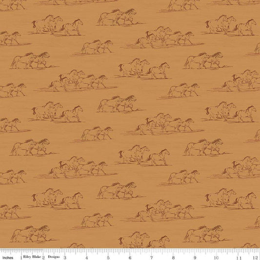 Image of The Homestead Horse Toile Ochre quilting cotton fabric by Tara Reed for Riley Blake Designs. Features horses on an orange background. Cute Little Fabric Shop.