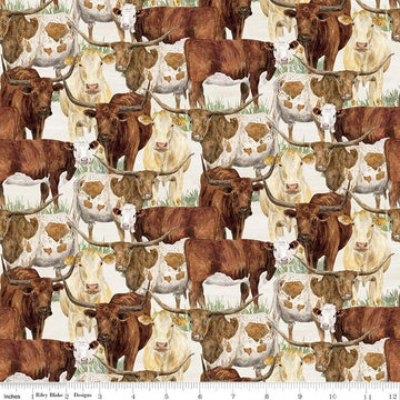 Image of The Homestead Herd of Cattle Cream quilting cotton fabric by Tara Reed for Riley Blake Designs. Features cows on a white background. Cute Little Fabric Shop.