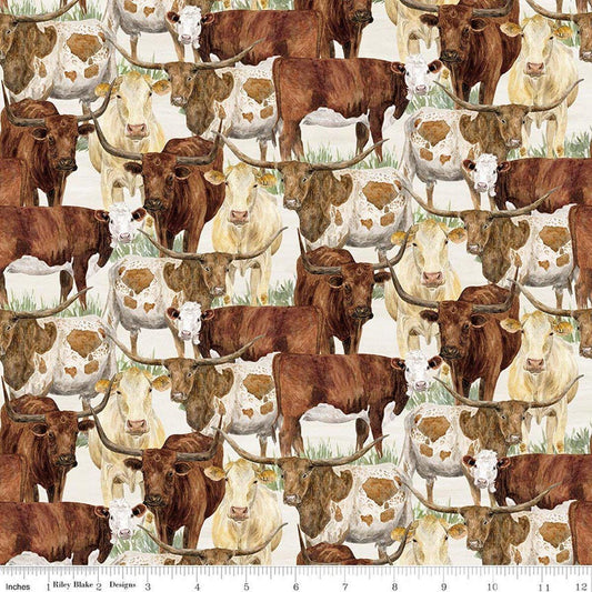Image of The Homestead Herd of Cattle Cream quilting cotton fabric by Tara Reed for Riley Blake Designs. Features cows on a white background. Cute Little Fabric Shop.