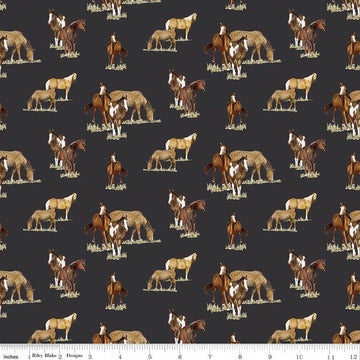 Image of The Homestead Horses Charcoal quilting cotton fabric by Tara Reed for Riley Blake Designs. Features horses on a black background. Cute Little Fabric Shop.