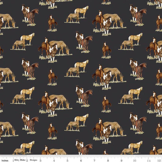 Image of The Homestead Horses Charcoal quilting cotton fabric by Tara Reed for Riley Blake Designs. Features horses on a black background. Cute Little Fabric Shop.