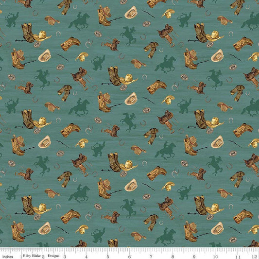 Image of The Homestead Icon Toss Teal quilting cotton fabric by Tara Reed for Riley Blake Designs. Features cowboys on a blue background. Cute Little Fabric Shop.