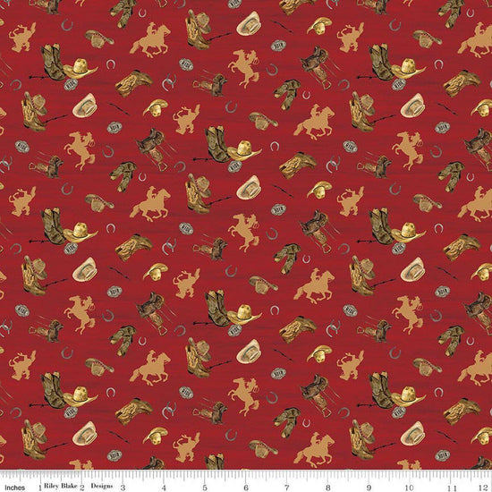 Image of The Homestead Icon Toss Red quilting cotton fabric by Tara Reed for Riley Blake Designs. Features cowboys on a red background. Cute Little Fabric Shop.