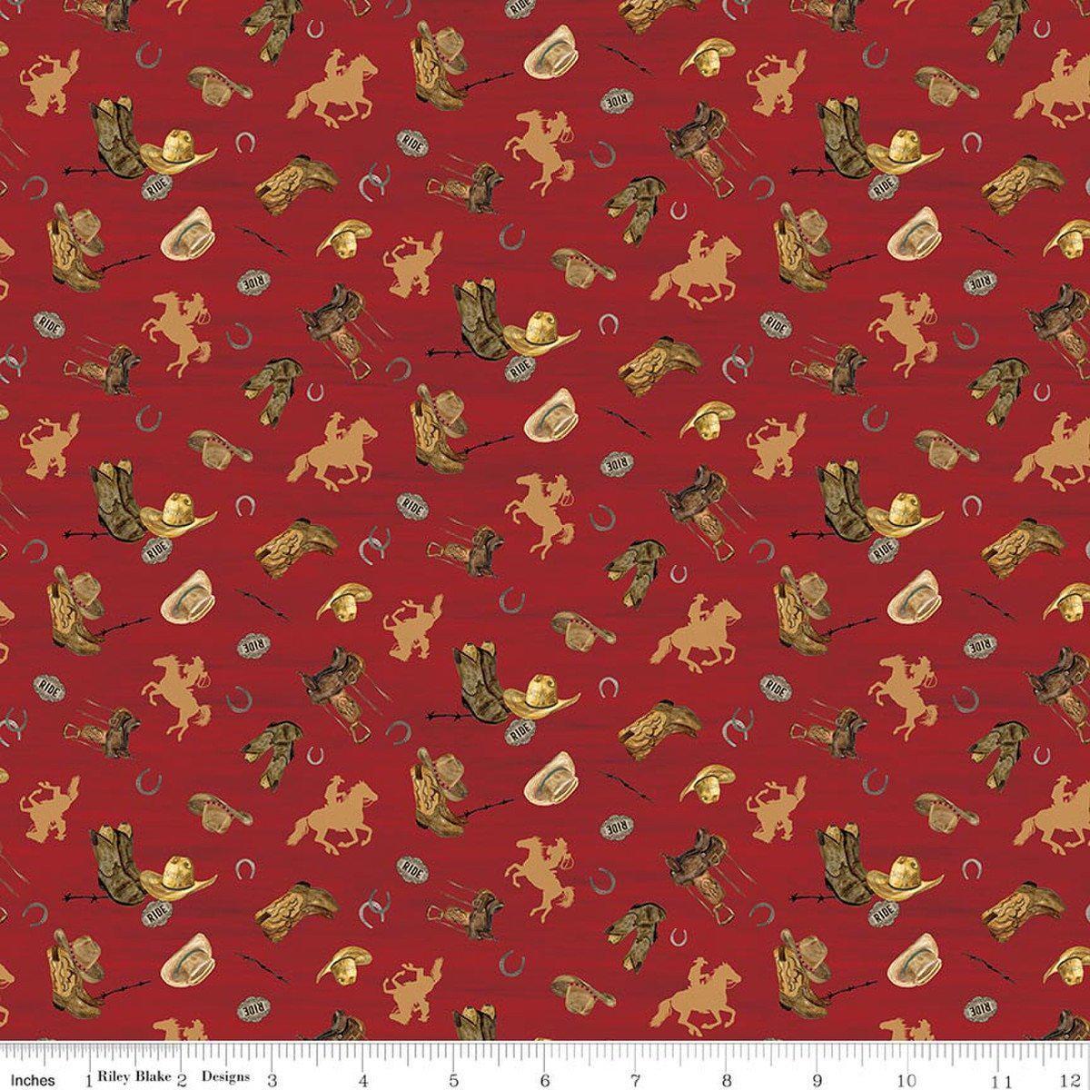 Image of The Homestead Icon Toss Red quilting cotton fabric by Tara Reed for Riley Blake Designs. Features cowboys on a red background. Cute Little Fabric Shop.