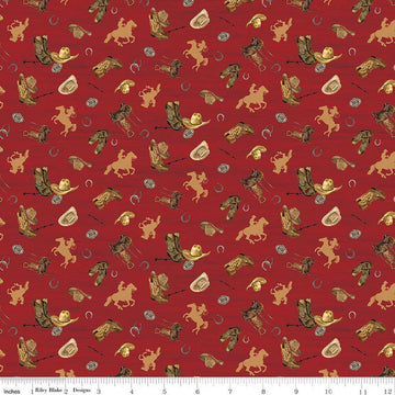 Image of The Homestead Icon Toss Red quilting cotton fabric by Tara Reed for Riley Blake Designs. Features cowboys on a red background. Cute Little Fabric Shop.