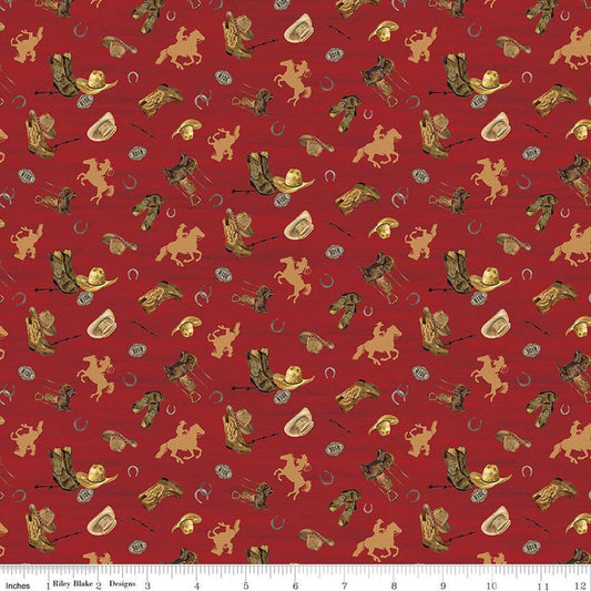 Image of The Homestead Icon Toss Red quilting cotton fabric by Tara Reed for Riley Blake Designs. Features cowboys on a red background. Cute Little Fabric Shop.