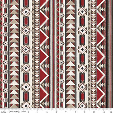 Image of The Homestead Blanket Red quilting cotton fabric by Tara Reed for Riley Blake Designs. Features geometric stripes on a red background. Cute Little Fabric Shop.