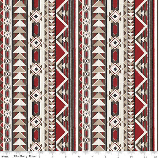 Image of The Homestead Blanket Red quilting cotton fabric by Tara Reed for Riley Blake Designs. Features geometric stripes on a red background. Cute Little Fabric Shop.