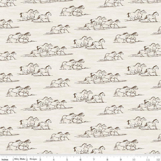 Image of The Homestead Horse Toile Cream quilting cotton fabric by Tara Reed for Riley Blake Designs. Features horses on a white background. Cute Little Fabric Shop.