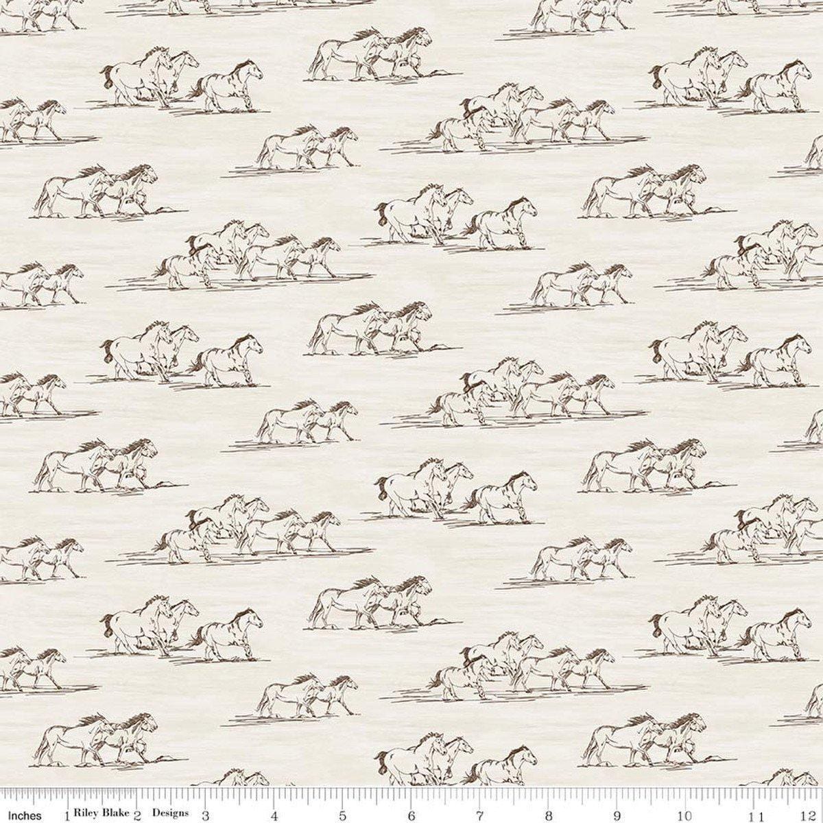 Image of The Homestead Horse Toile Cream quilting cotton fabric by Tara Reed for Riley Blake Designs. Features horses on a white background. Cute Little Fabric Shop.