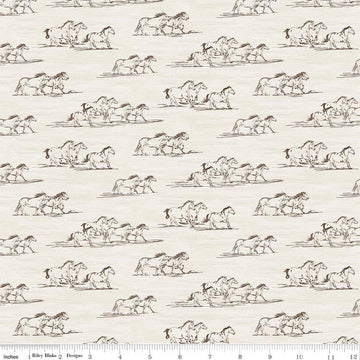 Image of The Homestead Horse Toile Cream quilting cotton fabric by Tara Reed for Riley Blake Designs. Features horses on a white background. Cute Little Fabric Shop.
