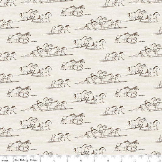 Image of The Homestead Horse Toile Cream quilting cotton fabric by Tara Reed for Riley Blake Designs. Features horses on a white background. Cute Little Fabric Shop.