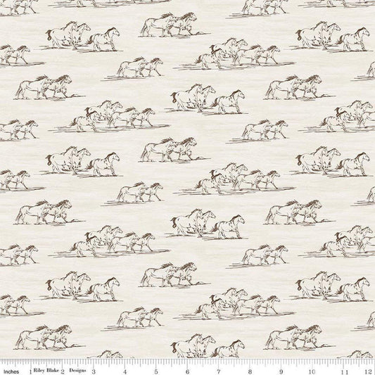 Image of The Homestead Horse Toile Cream quilting cotton fabric by Tara Reed for Riley Blake Designs. Features horses on a white background. Cute Little Fabric Shop.