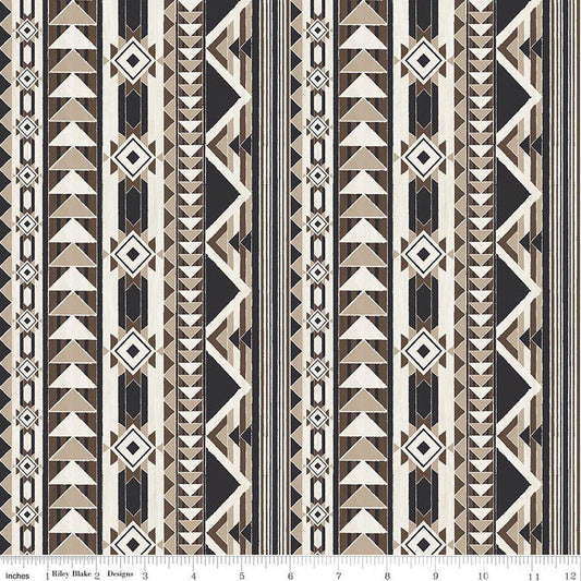 Image of The Homestead Blanket Brown quilting cotton fabric by Tara Reed for Riley Blake Designs. Features geometric stripes on a brown background. Cute Little Fabric Shop.