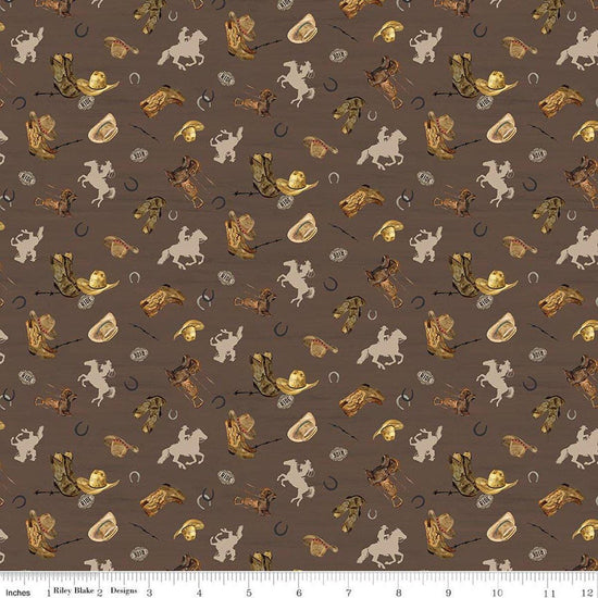 Image of The Homestead Icon Toss Brown quilting cotton fabric by Tara Reed for Riley Blake Designs. Features cowboys on a brown background. Cute Little Fabric Shop.