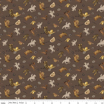 Image of The Homestead Icon Toss Brown quilting cotton fabric by Tara Reed for Riley Blake Designs. Features cowboys on a brown background. Cute Little Fabric Shop.