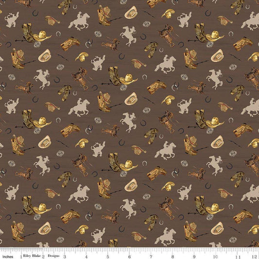 Image of The Homestead Icon Toss Brown quilting cotton fabric by Tara Reed for Riley Blake Designs. Features cowboys on a brown background. Cute Little Fabric Shop.