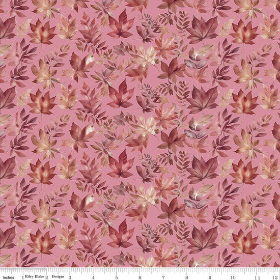 Image of Harvest on the Prairie Leaves Pink quilting cotton fabric by Modern Prairie for Riley Blake Designs. Features leaves on a pink background. Cute Little Fabric Shop.