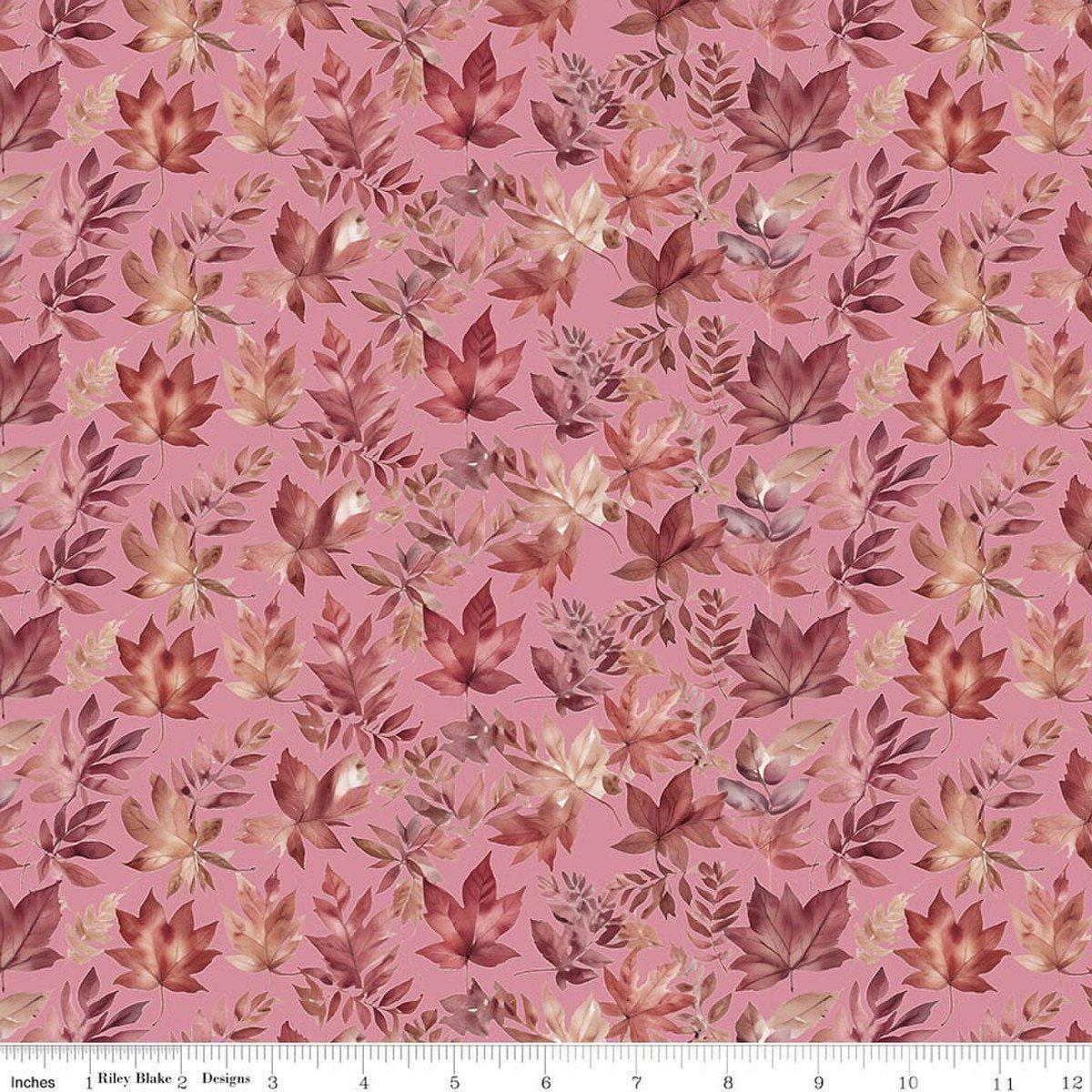 Image of Harvest on the Prairie Leaves Pink quilting cotton fabric by Modern Prairie for Riley Blake Designs. Features leaves on a pink background. Cute Little Fabric Shop.