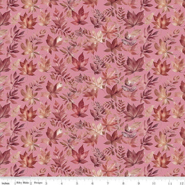 Image of Harvest on the Prairie Leaves Pink quilting cotton fabric by Modern Prairie for Riley Blake Designs. Features leaves on a pink background. Cute Little Fabric Shop.