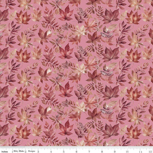Image of Harvest on the Prairie Leaves Pink quilting cotton fabric by Modern Prairie for Riley Blake Designs. Features leaves on a pink background. Cute Little Fabric Shop.