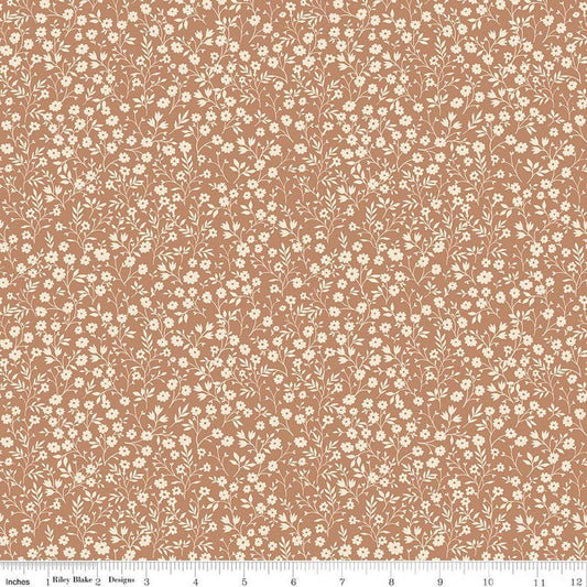 Image of Harvest on the Prairie Ditsy Suede quilting cotton fabric by Modern Prairie for Riley Blake Designs. Features flowers on a brown background. Cute Little Fabric Shop.