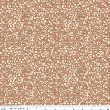 Image of Harvest on the Prairie Ditsy Suede quilting cotton fabric by Modern Prairie for Riley Blake Designs. Features flowers on a brown background. Cute Little Fabric Shop.