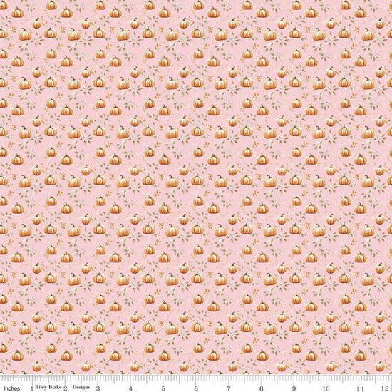 Image of Harvest on the Prairie Pumpkin Blush quilting cotton fabric by Modern Prairie for Riley Blake Designs. Features pumpkins on a pink background. Cute Little Fabric Shop.