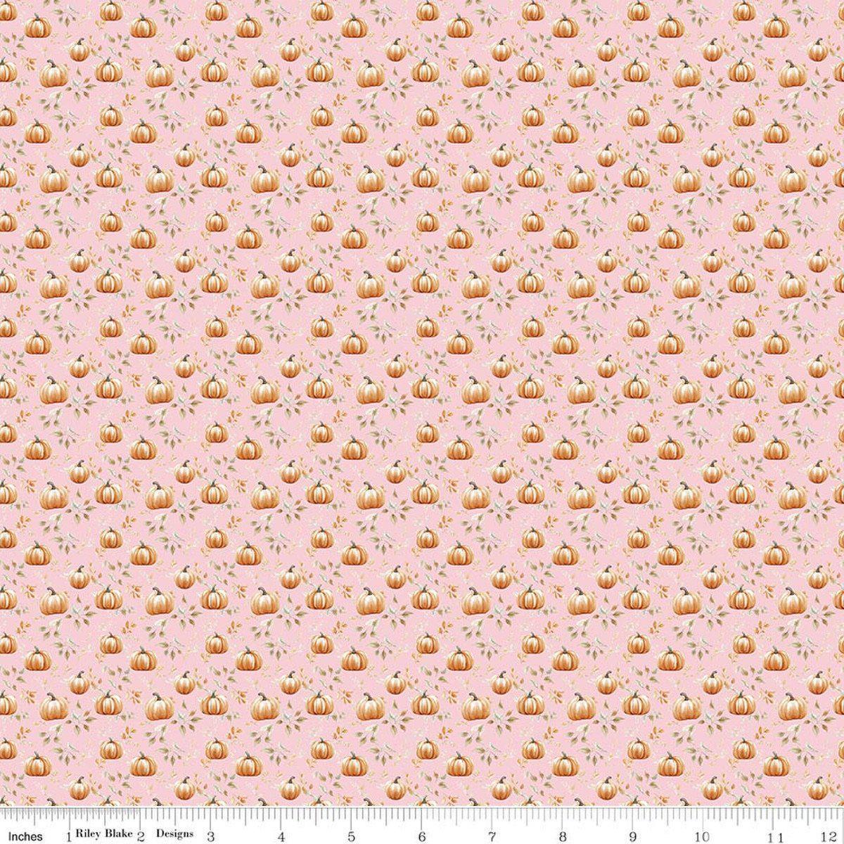 Image of Harvest on the Prairie Pumpkin Blush quilting cotton fabric by Modern Prairie for Riley Blake Designs. Features pumpkins on a pink background. Cute Little Fabric Shop.