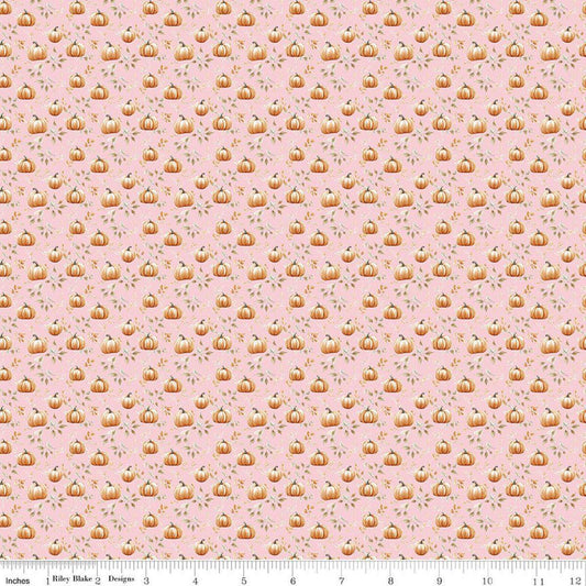 Image of Harvest on the Prairie Pumpkin Blush quilting cotton fabric by Modern Prairie for Riley Blake Designs. Features pumpkins on a pink background. Cute Little Fabric Shop.