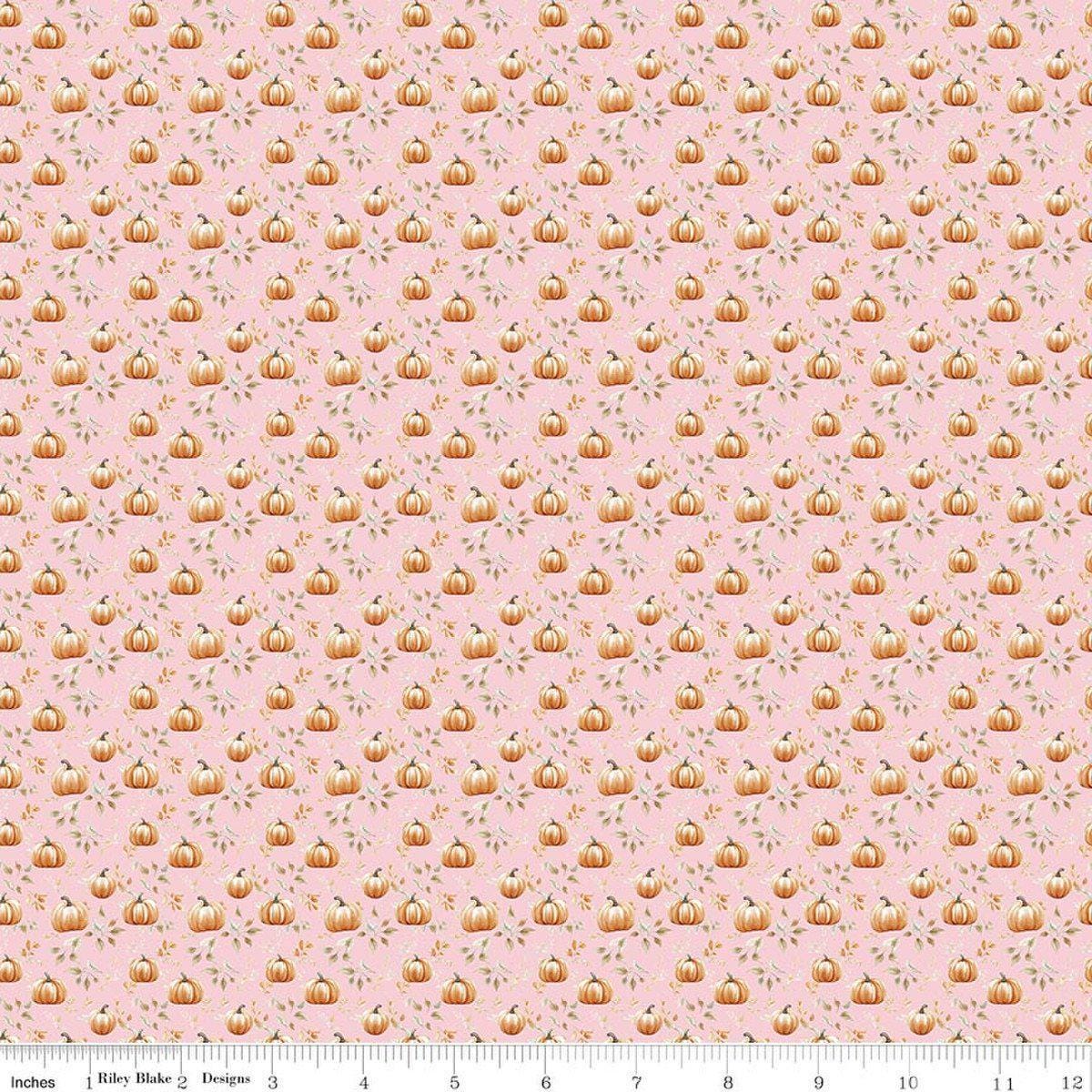 Image of Harvest on the Prairie Pumpkin Blush quilting cotton fabric by Modern Prairie for Riley Blake Designs. Features pumpkins on a pink background. Cute Little Fabric Shop.