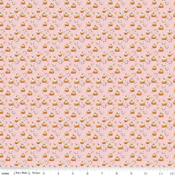 Image of Harvest on the Prairie Pumpkin Blush quilting cotton fabric by Modern Prairie for Riley Blake Designs. Features pumpkins on a pink background. Cute Little Fabric Shop.