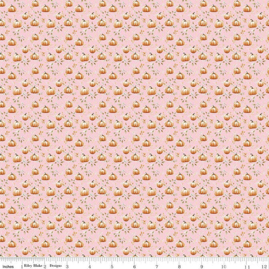 Image of Harvest on the Prairie Pumpkin Blush quilting cotton fabric by Modern Prairie for Riley Blake Designs. Features pumpkins on a pink background. Cute Little Fabric Shop.