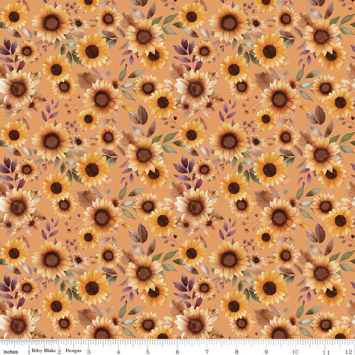 Image of Harvest on the Prairie Sunflowers Marmalade quilting cotton fabric by Modern Prairie for Riley Blake Designs. Features flowers on a yellow background. Cute Little Fabric Shop.