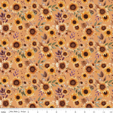 Image of Harvest on the Prairie Sunflowers Marmalade quilting cotton fabric by Modern Prairie for Riley Blake Designs. Features flowers on a yellow background. Cute Little Fabric Shop.