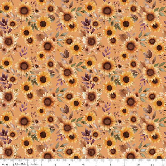 Image of Harvest on the Prairie Sunflowers Marmalade quilting cotton fabric by Modern Prairie for Riley Blake Designs. Features flowers on a yellow background. Cute Little Fabric Shop.