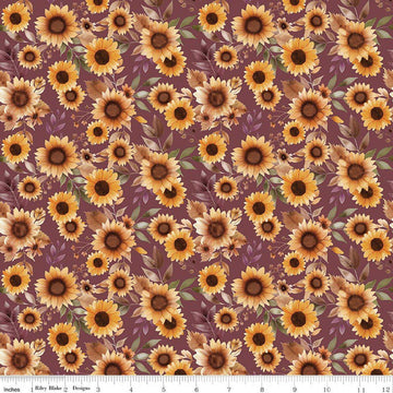 Image of Harvest on the Prairie Sunflowers Wine quilting cotton fabric by Modern Prairie for Riley Blake Designs. Features flowers on a purple background. Cute Little Fabric Shop.
