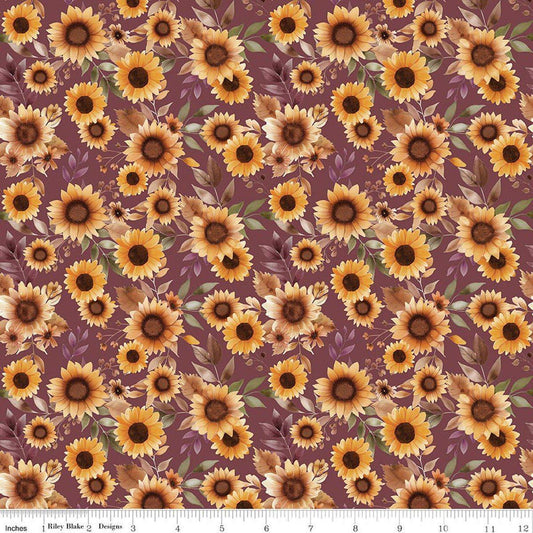 Image of Harvest on the Prairie Sunflowers Wine quilting cotton fabric by Modern Prairie for Riley Blake Designs. Features flowers on a purple background. Cute Little Fabric Shop.