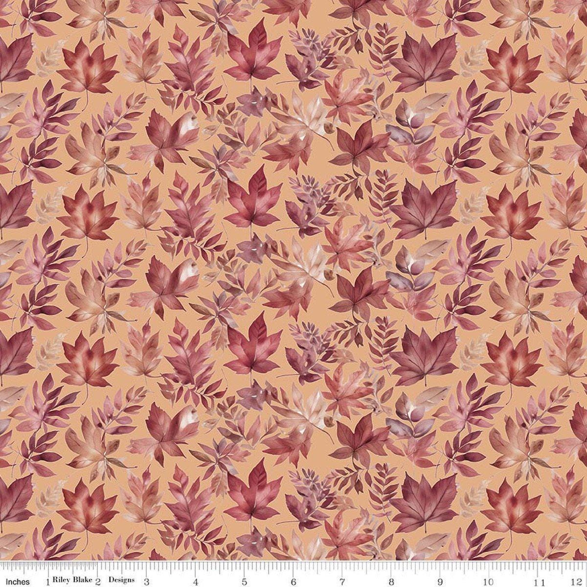 Image of Harvest on the Prairie Leaves Marmalade quilting cotton fabric by Modern Prairie for Riley Blake Designs. Features leaves on a yellow background. Cute Little Fabric Shop.