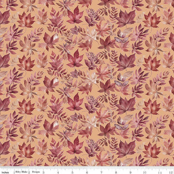 Image of Harvest on the Prairie Leaves Marmalade quilting cotton fabric by Modern Prairie for Riley Blake Designs. Features leaves on a yellow background. Cute Little Fabric Shop.