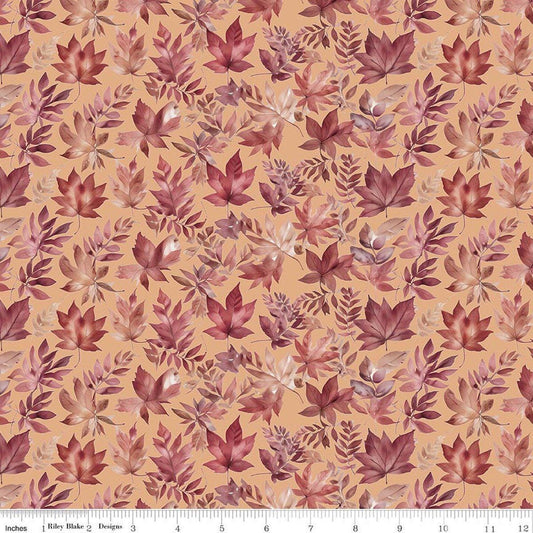 Image of Harvest on the Prairie Leaves Marmalade quilting cotton fabric by Modern Prairie for Riley Blake Designs. Features leaves on a yellow background. Cute Little Fabric Shop.