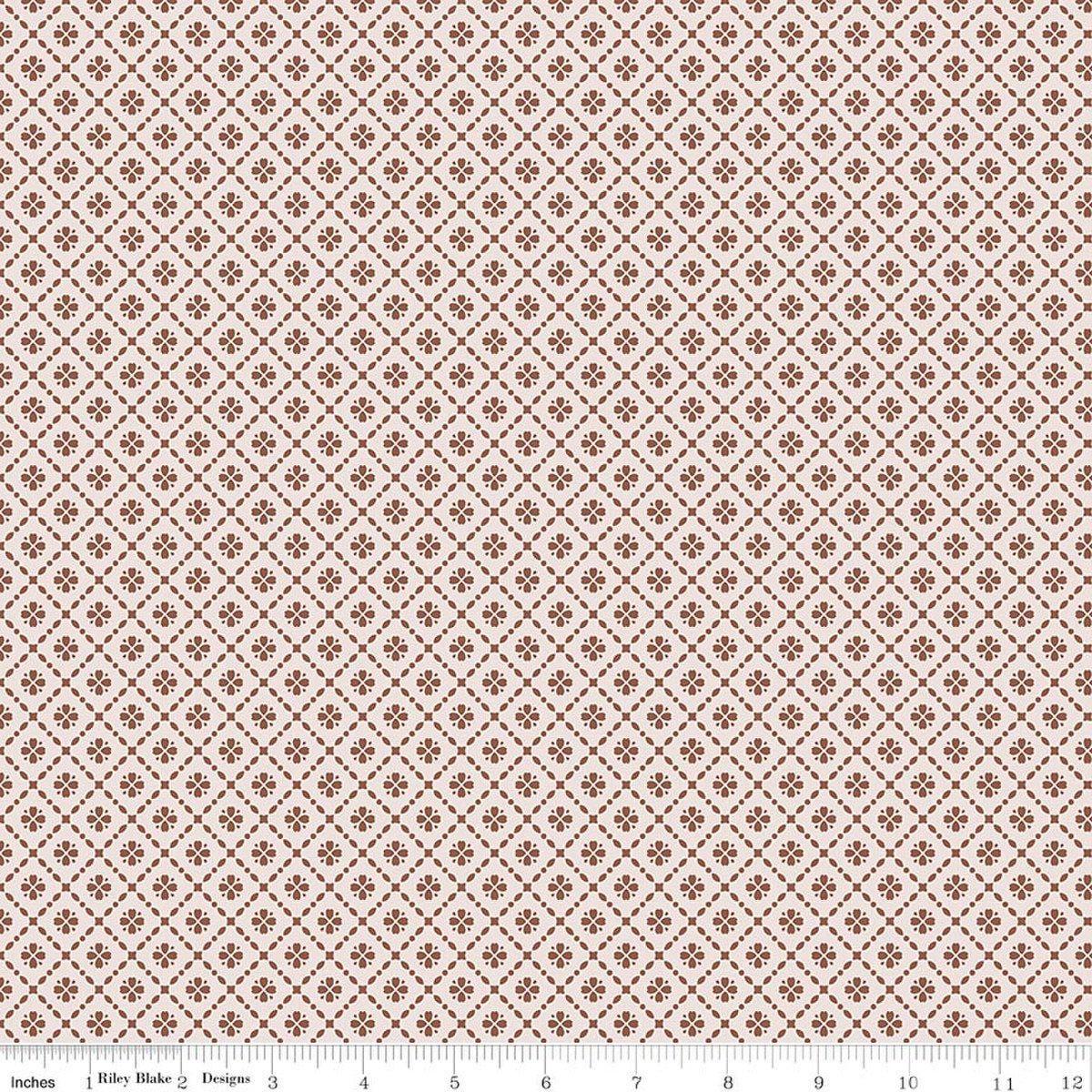 Image of Harvest on the Prairie Floral Geo Brown quilting cotton fabric by Modern Prairie for Riley Blake Designs. Features flowers on a cream and brown background. Cute Little Fabric Shop.