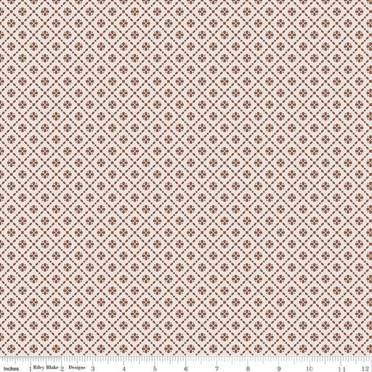 Image of Harvest on the Prairie Floral Geo Brown quilting cotton fabric by Modern Prairie for Riley Blake Designs. Features flowers on a cream and brown background. Cute Little Fabric Shop.