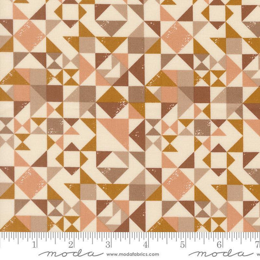 Image of Wellspring Quilt Blocked Eggshell quilting cotton fabric by Fancy That Design House for Moda Fabrics. Features a geometric pattern on a cream background. Cute Little Fabric Shop.