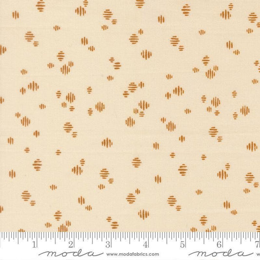 Image of Wellspring Dashed Eggshell quilting cotton fabric by Fancy That Design House for Moda Fabrics. Features dots on a cream background. Cute Little Fabric Shop.