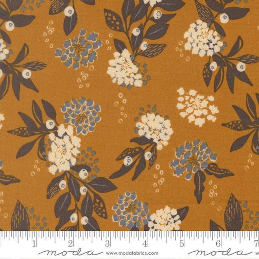 Image of Wellspring Inflorescence Caramel quilting cotton fabric by Fancy That Design House for Moda Fabrics. Features flowers on a gold background. Cute Little Fabric Shop.