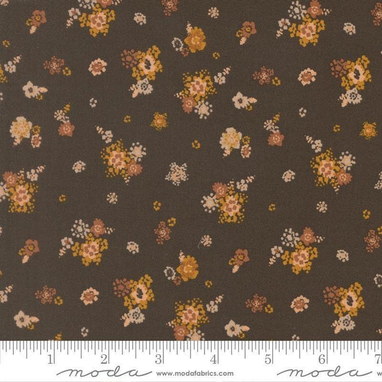 Image of Wellspring Micro Bloom Charcoal quilting cotton fabric by Fancy That Design House for Moda Fabrics. Features flowers on a black background. Cute Little Fabric Shop.