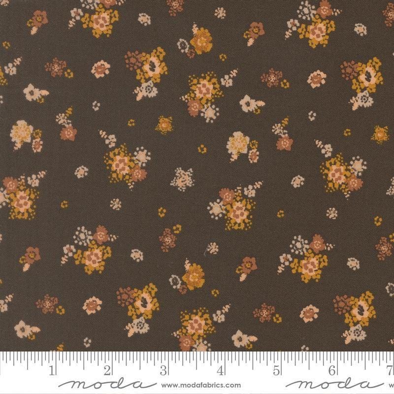 Image of Wellspring Micro Bloom Charcoal quilting cotton fabric by Fancy That Design House for Moda Fabrics. Features flowers on a black background. Cute Little Fabric Shop.